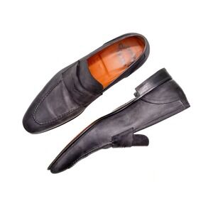 Santoni Mens 11.5 D Carlo Penny Loafers Shoes Navy Leather Apron Toe Slip On